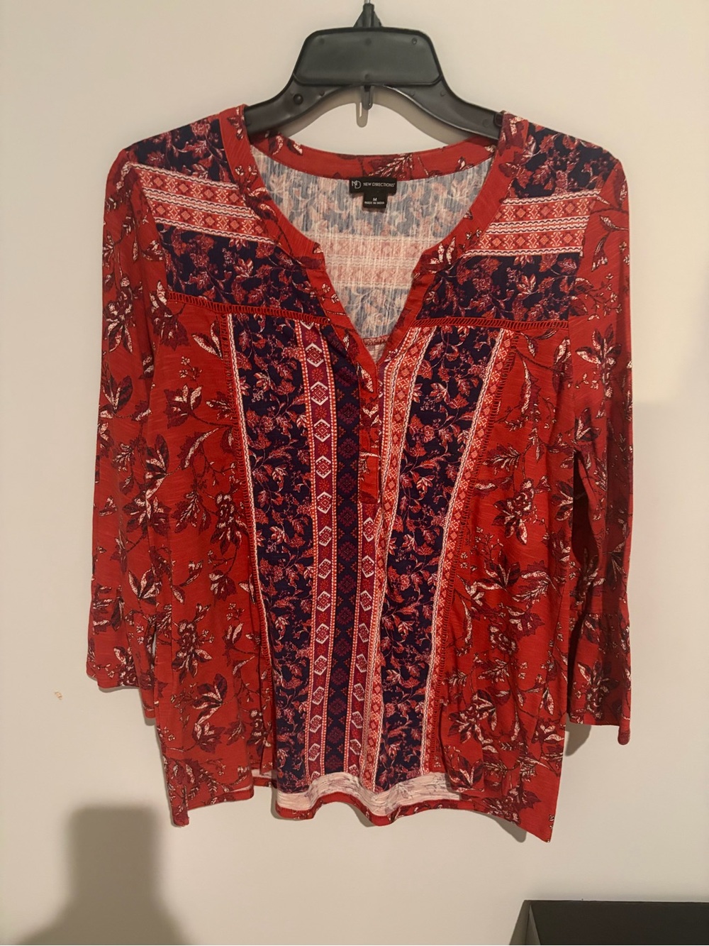 new directions Rust Red and Navy Floral Long Sleeve Peasant Top